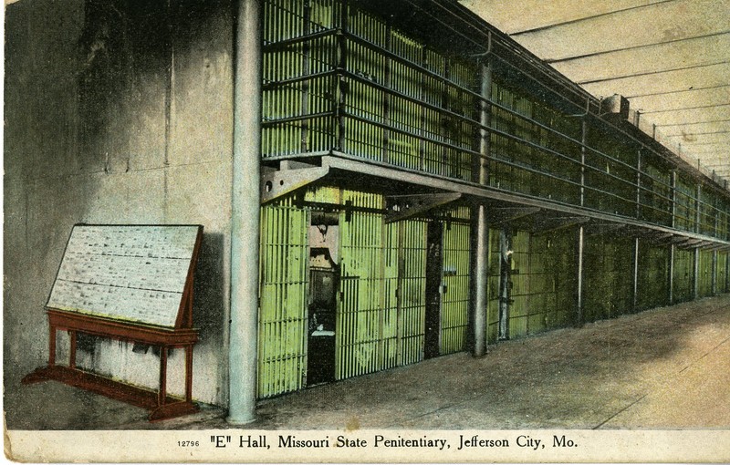 Postcard showing the cellblocks in "E-Hall" at the Missouri State Penitentiary.  Postcard mailed in 1954.  Image courtesy of the Missouri State Museum's collection.