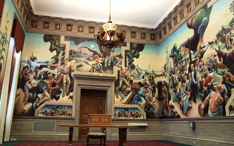 Thomas Benton's mural "A Social History of the State of Missouri' in the Missouri House Lounge on the 3rd floor of the State Capitol building. Painted in 1936.