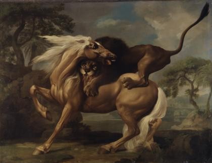 British Horse Attacked by a Lion (1762) by George Stubbs, featured at the Yale Center for British Art