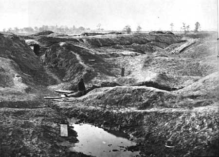 Picture of the Crater. Union soldiers are inside the crater after capturing the city of Petersburg. 1865.