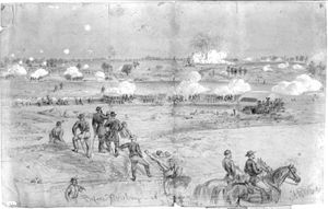 An Alfred Waud on-the-scene-sketch of the the mine explosion, July 30th, 1864