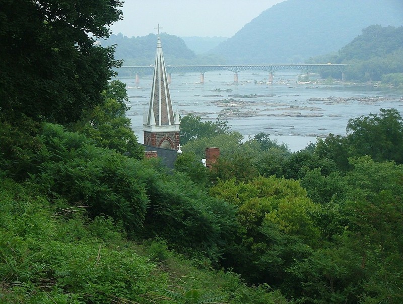 A view of the Shenandoah and Potomac Rivers from the rock. The steeple is from St. Peter's Church, built in 1833.