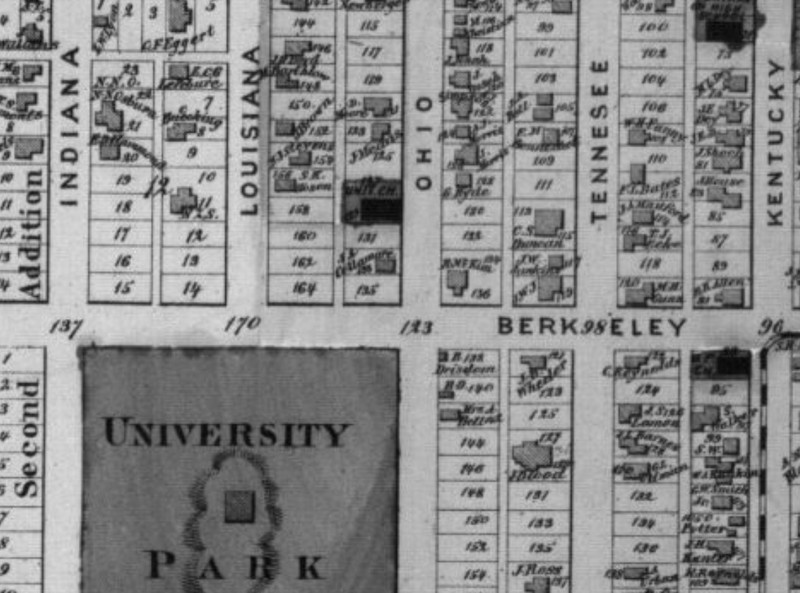 Benedict House on Tennessee St. and surrounding neighborhood in 1873 (Beers 1873:33)