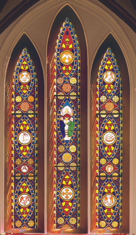 Stained glass window by John Bolton behind the altar at St. Mary's Episcopal Church.