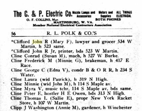 John R. Clifford's residence as listed in the 1913-14 Martinsburg, WV city directory. 