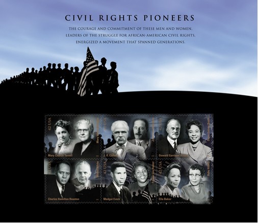 Postal stamp in 2009 honoring Black Pioneers in America showing J.R.Clifford.