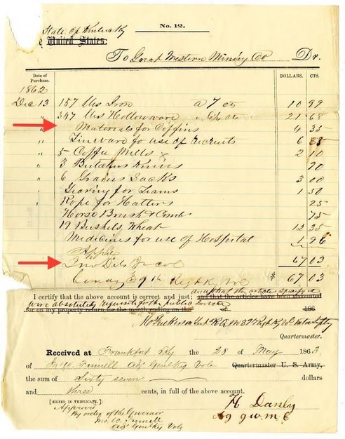 A receipt, signed by Col. John Dils, showing his purchase of the cemetery and the supplies necessary to upkeep it. 