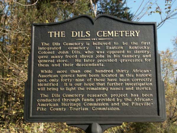 The historical marker for Dils Cemetery. 