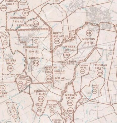 Map of Northern Neck Land Grants and Patents drawn by Beth Mitchell. Tracts included within heavily outlined V shape are Willoughby Newton's holdings, all west of Little Rocky Run. Willian Lynton's patent adjoins Newton's, on the east side of the run.