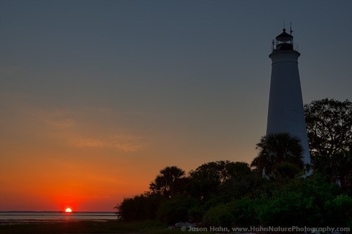 The lighthouse at sunset or sunrise.