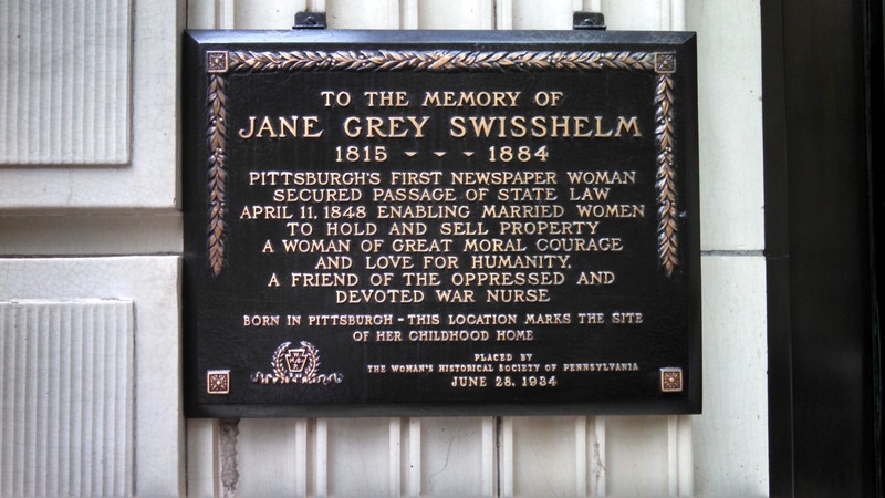 Historical marker commemorating location of Jane Grey Swisshelm's childhood home.