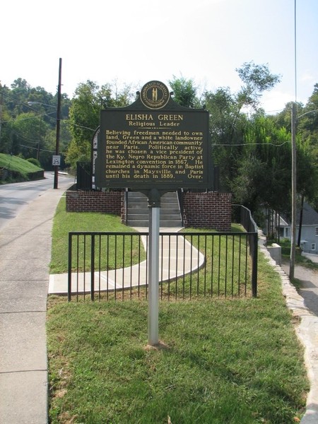 The Elisha Green historical marker is located at the intersection of Maddox Alley and West 4th Street in Maysville, Kentucky.