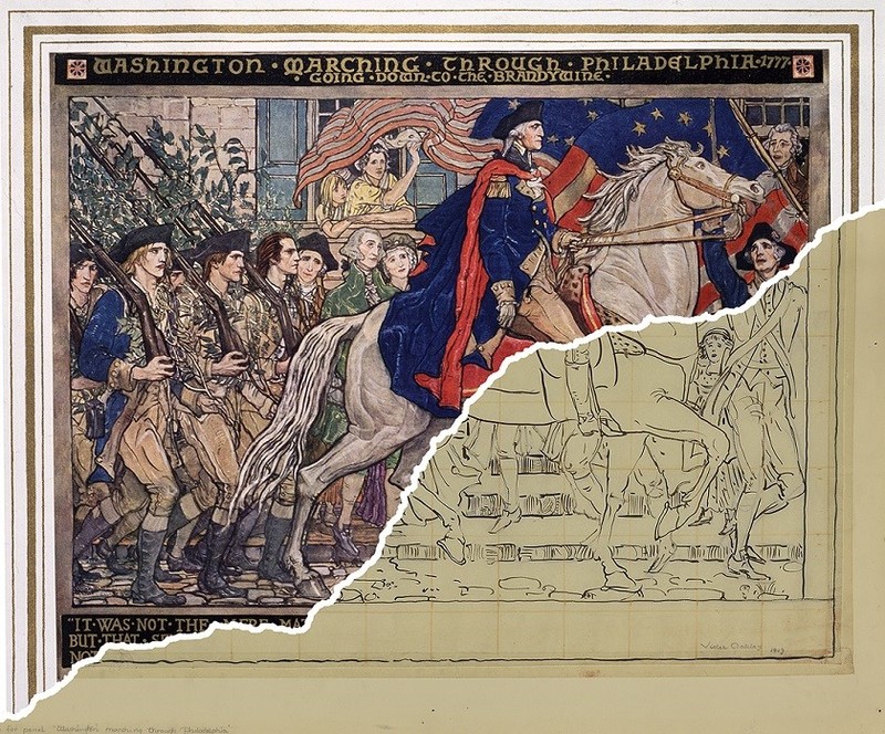 “General George Washington and the Troops of the Revolution” mural (making progress), displayed in the Pennsylvania State Capitol in commemoration of Washington's march through Philadelphia