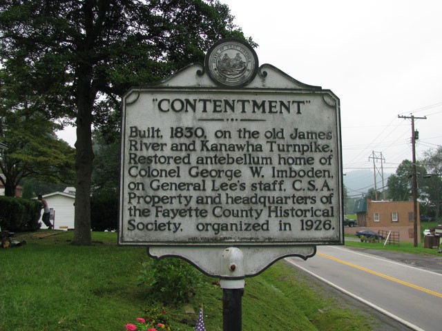 The West Virginia state roadside historical marker adjacent to the Contentment House.