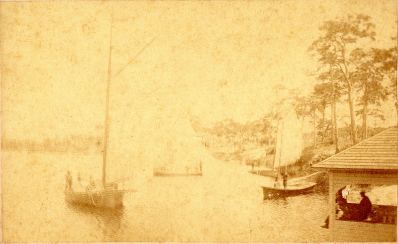 Sloops Tantalus, owned by Joshua Boyer, and Vanessa, owned by Lew Giles, on Spring Bayou in Tarpon Springs, Florida, 1885. 