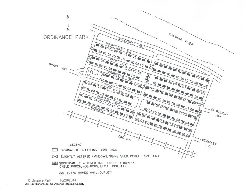 Ordnance Parks Survey map - 2014, by Neil Richardson, showing 226 homes and number original and number altered.