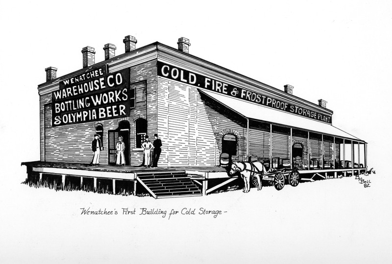 Illustration from artist Betty Bell of the Wenatchee Warehouse Company building. 
