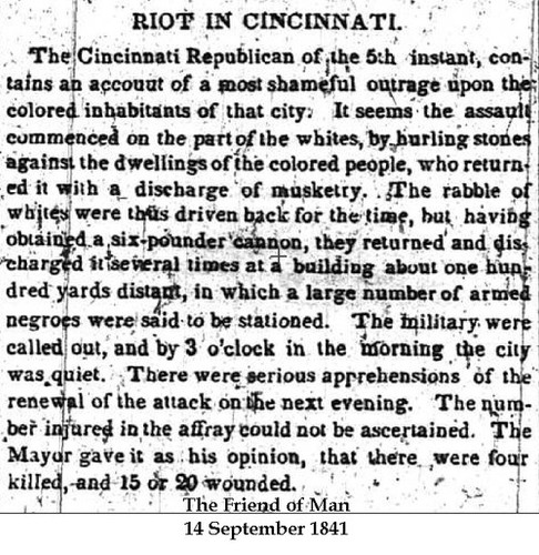 Abolitionist newspaper's coverage of the Cincinnati Race Riot of 1841
Dated 14 September 1841