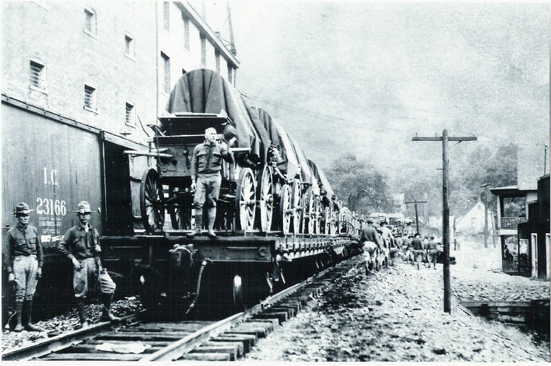 United States military arriving in Logan at the train station during the Mine Wars.