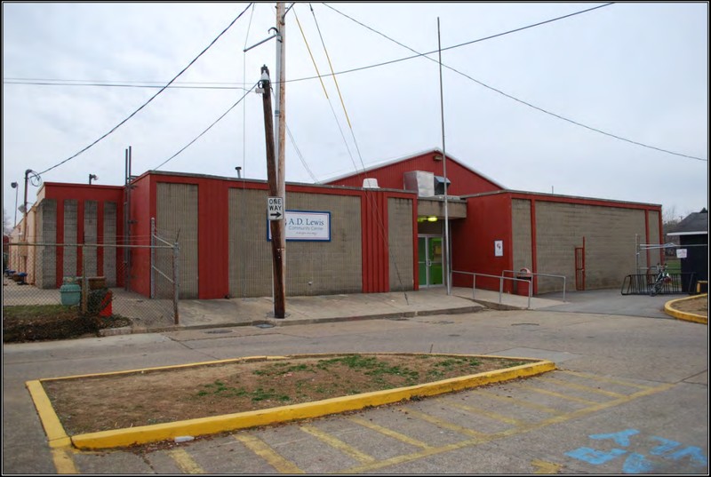 East and façade (north) elevations of the A. D. Lewis Community Center, looking to the south-southwest