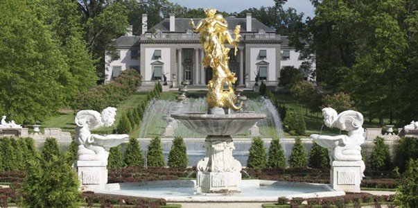 The stunning 12-foot statue that adorns the reflecting pool. The statue glints in the sun and can be seen from around the estate.
