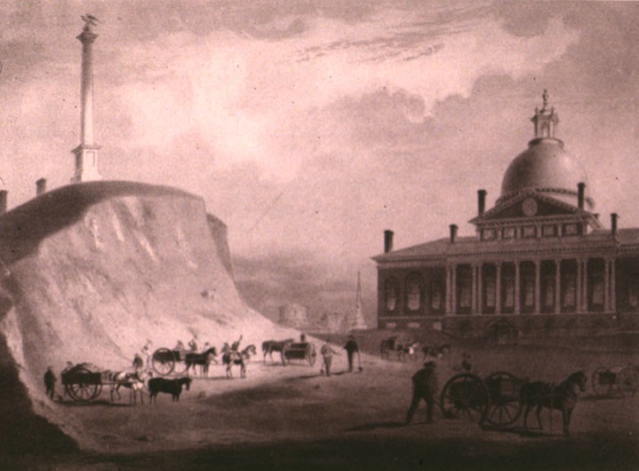 This photo shows engineers cutting down Beacon Hill in 1811. This image was taken facing north toward the Massachusetts State House.