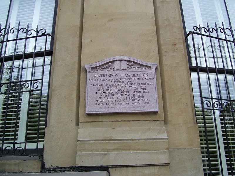 This plaque marks the location of Blaxton's home-the first built by a European settler in this section of Boston.