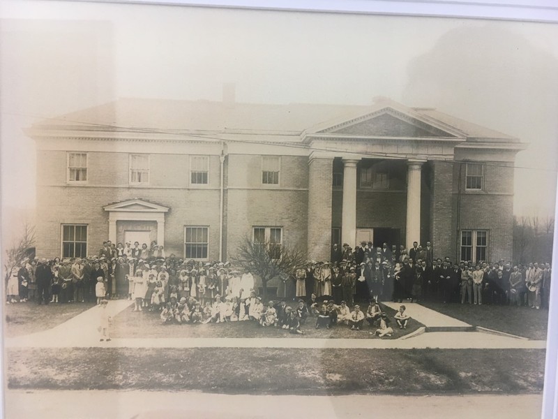 The new church building with the  congregation