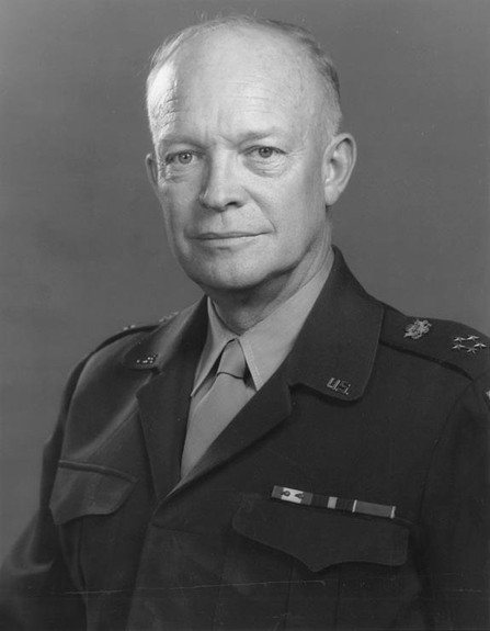 Dwight D. Eisenhower (1890-1969) first received national attention as Supreme Allied Commander during WWII. In 1952 he was elected the 34th President of the United States. Image obtained from Wikimedia. 