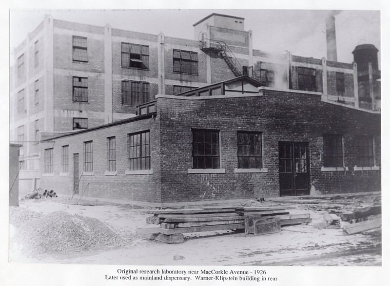 The original research laboratory circa 1926--only a year after Carbide leased the South Charleston site. The Warner-Klipstein building behind it belonged to a chemical manufacturing firm already established in the city (R. Hieronymus).