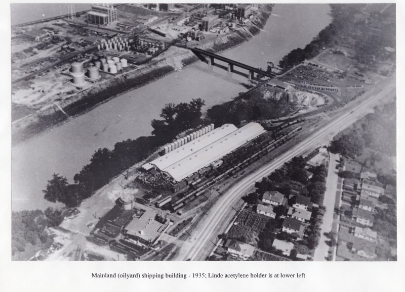 Carbide continues to grow: the Blaine Island bridge has been completed several years by the time of this 1935 photo, but the Carbide campus near where the bridge meets the mainland has not yet been developed (R. Hieronymus).