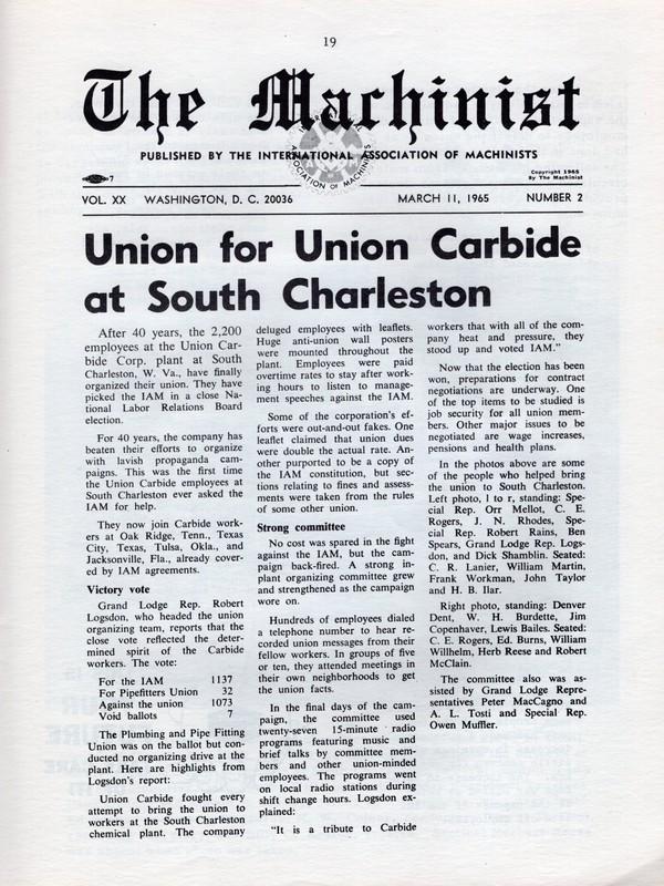 Union at last. The International Association of Machinists newsletter announces the successful vote to unionize at Carbide's South Charleston Plant (courtesy of IAM 598).