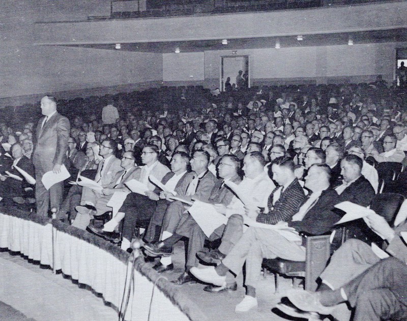 I.A.M. Lodge 598 members at a strike vote meeting in 1967, only two years after the plant unionized. In the first two years of unionization, hundreds of filed grievances went unresolved, and the workers chose to strike against unresponsive management.