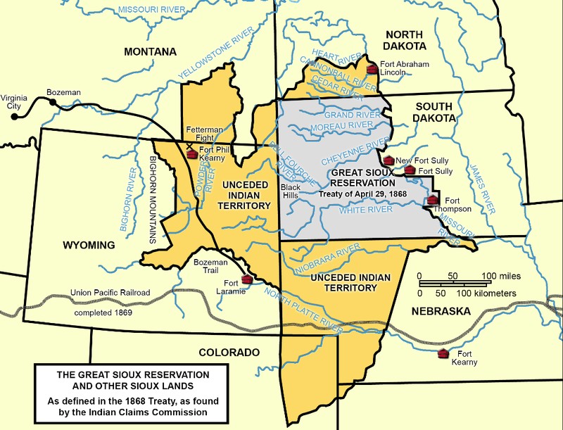 This map shows the boundaries of the Great Sioux Reservation with the Missouri River as its eastern boundary.