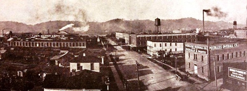 Photograph showing the original Peerless factory, circa 1912
