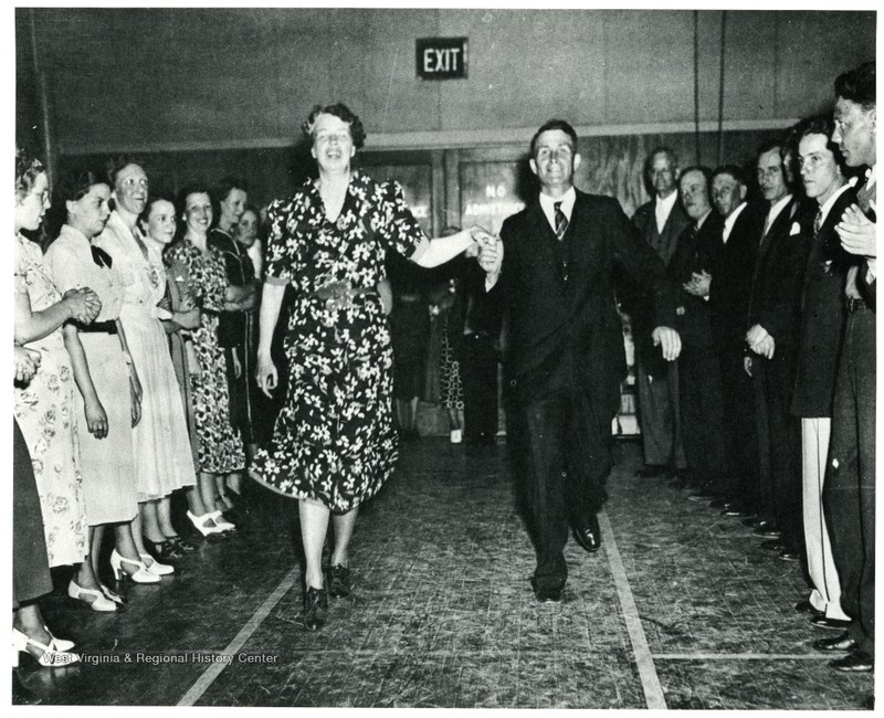 Eleanor Roosevelt square dancing at Arthurdale, 1939.