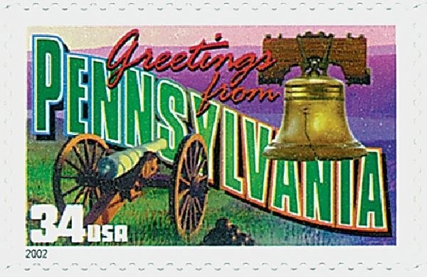 Issued in 2002, as part of the Greetings From America commemorative stamp series. This stamp includes the Liberty Bell, a prominent landmark in Philadelphia, and a cannon that represents the Civil War and the Battle of Gettysburg. 
