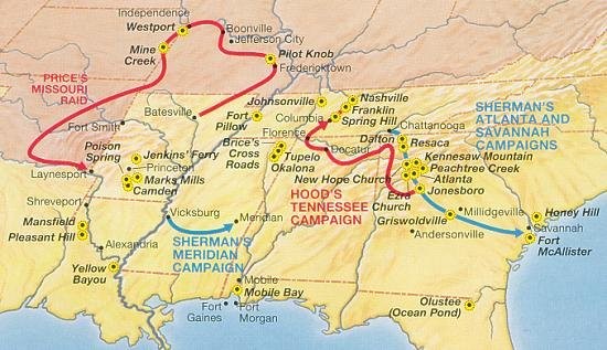 A National Park Service map showing the route of Price's Raid (upper left) and other 1864 campaigns in the Western Theater.