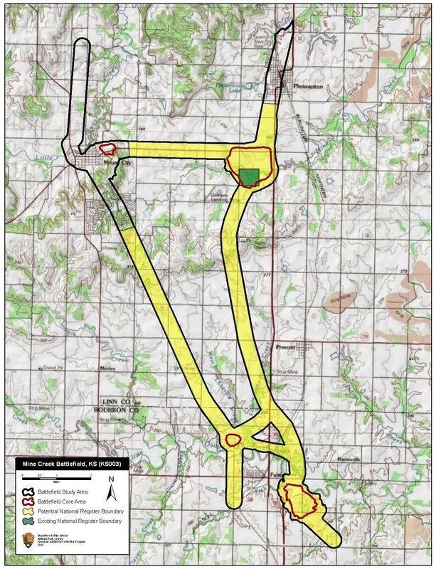 A National Park Service map of the Mine Creek Battlefield (for a detailed map of the battle itself, see the Civil War Trust map in the Link Section).