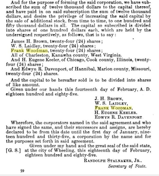 Excerpt from the incorporation of the Charleston Water Works Company in 1885, of which Frank Woodman held 24 shares.