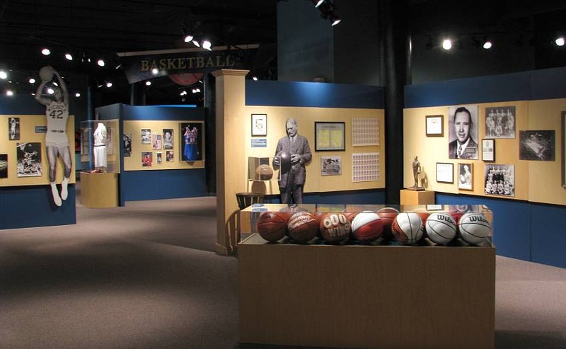 The view from outside the Basketball section of the Kansas Sports Hall of Fame. Notable inductees in this section of the Hall include Adolph Rupp and Wilt Chamberlain.