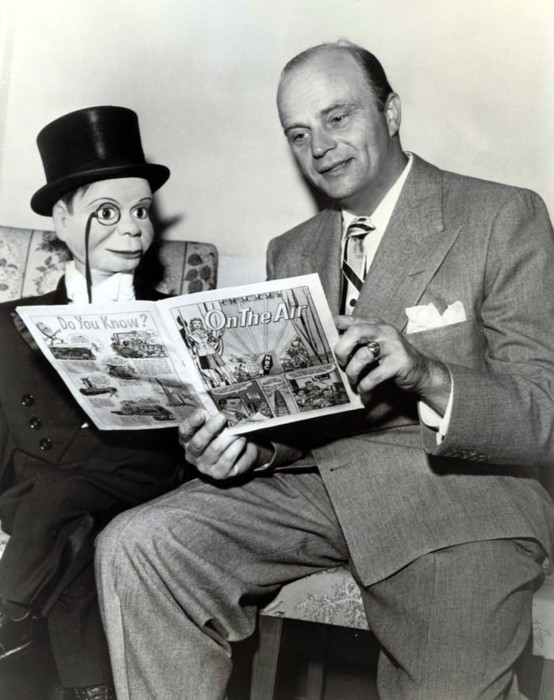 Charlie McCarthy, the popular ventriloquist dummy (left) and his ventriloquist, Edgar Bergen (right)