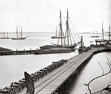 Union Warships off City Point's docks. Circa 1864-1865