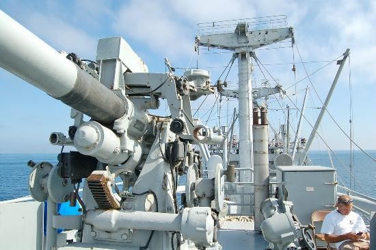 Cannon and masts of the SS Lane Victory.