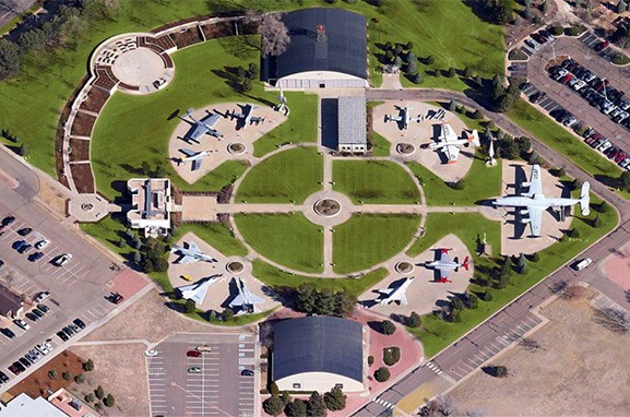 Aerial view of the museum showing the aircraft on display.