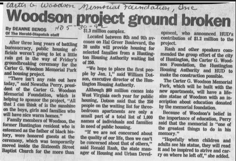 Benos, Deanne. "Woodson Project Ground Broken." The Herald Dispatch [Huntington] 30 May 1992:  Print. Marshall University Special Collections