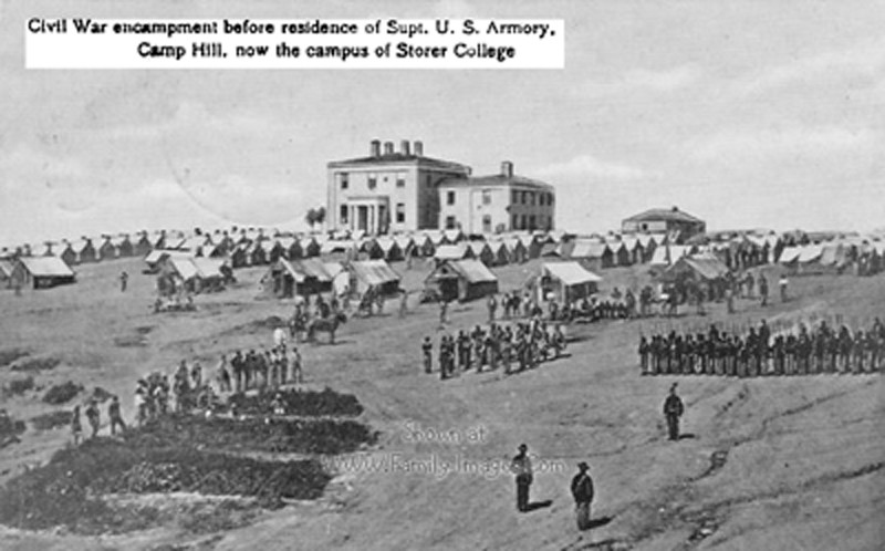 Union encampment during Civil War on Camp Hill in Harper's Ferry. The sit of encampment would be the same site for Stroer College