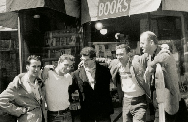 Bob Donlin, Neal Cassady, Allen Ginsberg, Robert Lavigne, and Lawrence Ferlinghetti outside of City Lights in 1955.