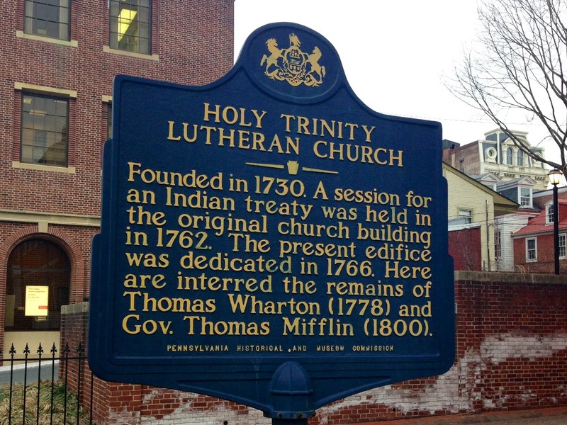 Historical marker for Trinity Lutheran Church.