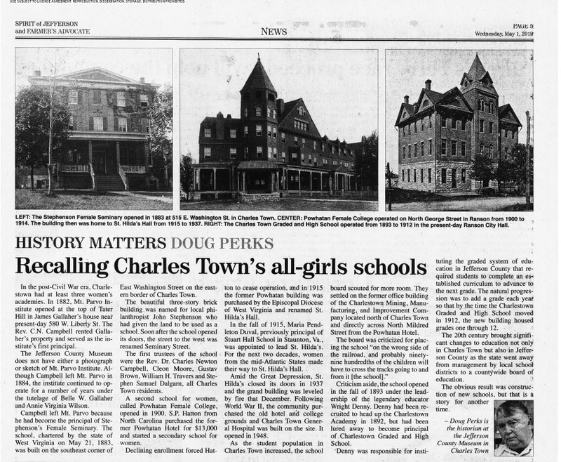 This news article shows photos of both Charles Town High School and the former Powhatan Hotel